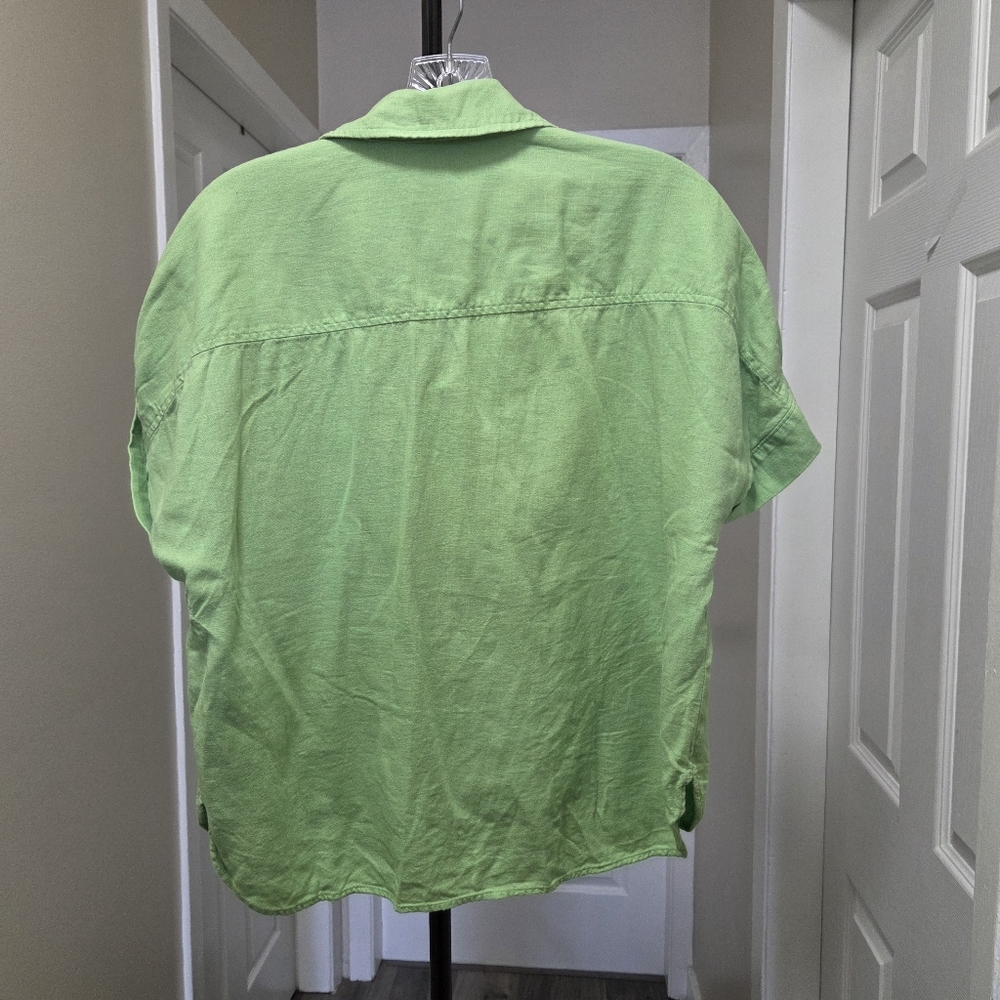 Reitmans Green Linen Blend Button Front Top Short Sleeve Collared Blouse - Picture 6 of 6
